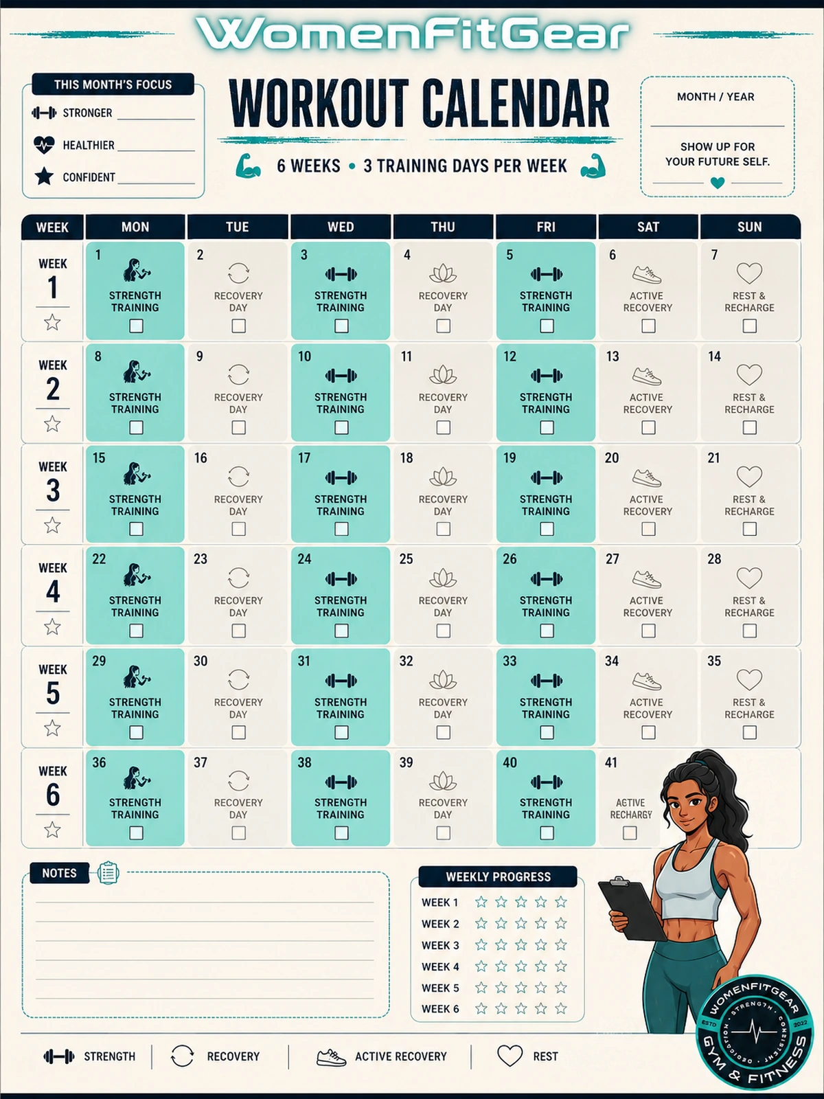 WomenFitGear six-week workout calendar
