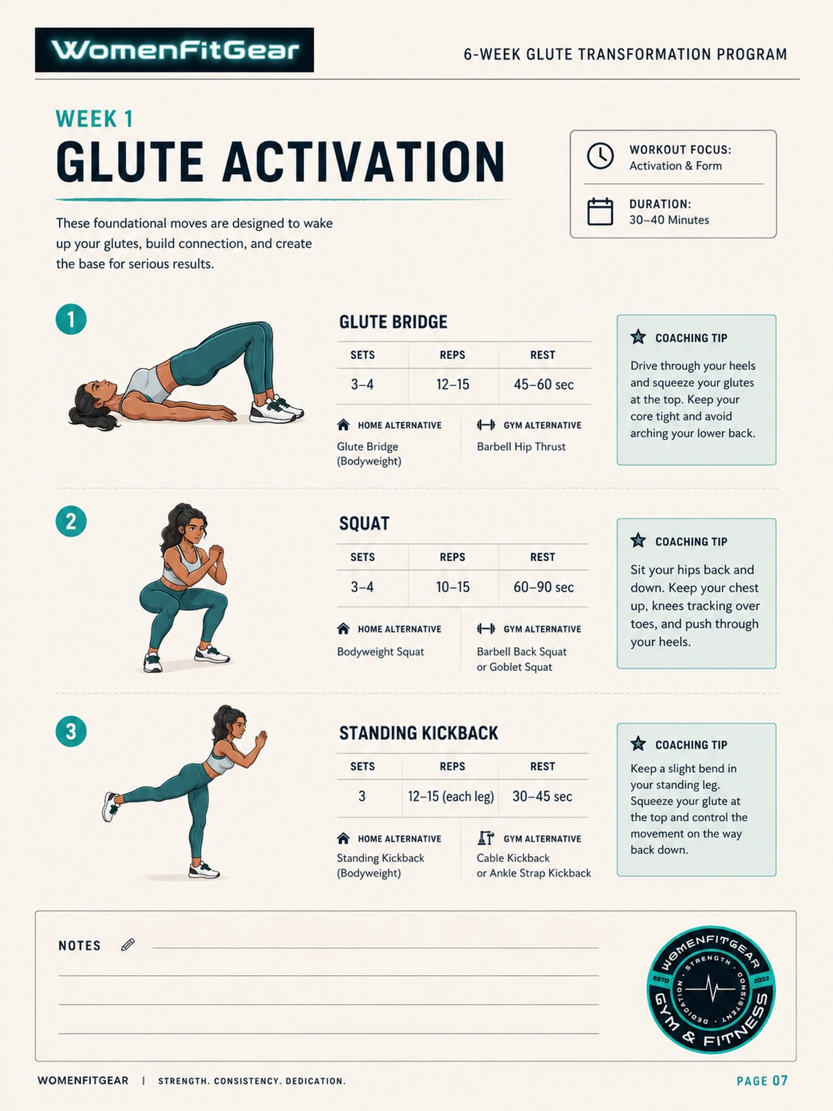 Sample pages from the WomenFitGear glute program